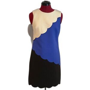 DKNY Scalloped Sheath Dress Woman Size 2 Cream/Blue/Black Color Block Sleeveless